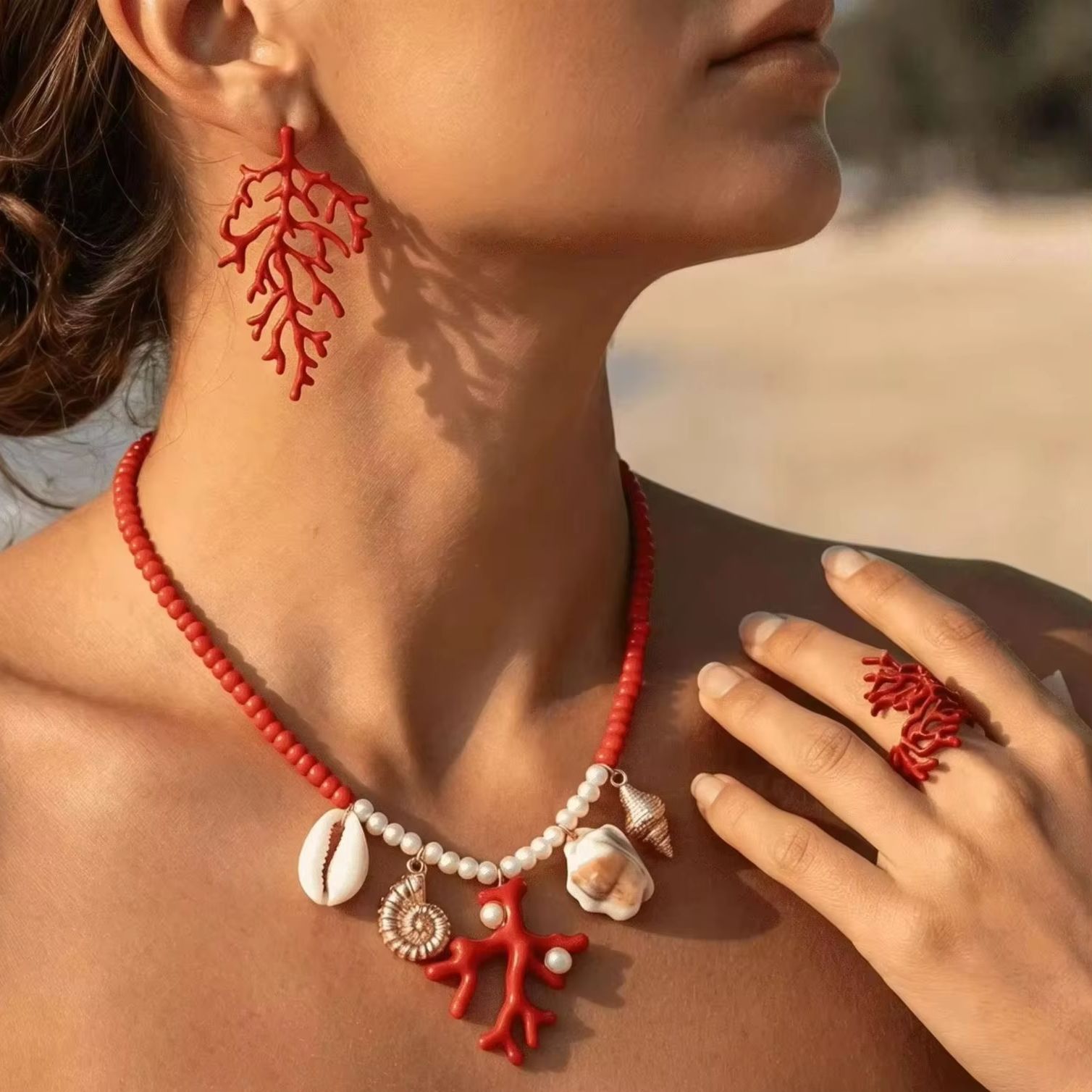 Conch Earring Hoop - Parure Bohème Corail Rouge pour Femme